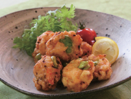 空豆とえびと豆腐の落とし揚げ